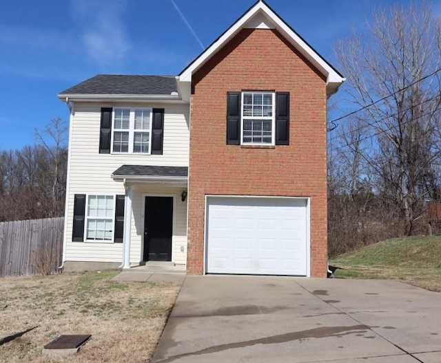 traditional home with brick siding, roof with shingles, fence, a garage, and driveway