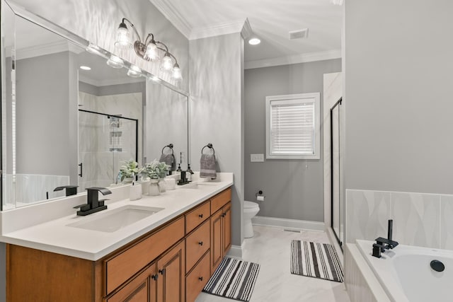 full bathroom featuring toilet, ornamental molding, shower with separate bathtub, and vanity