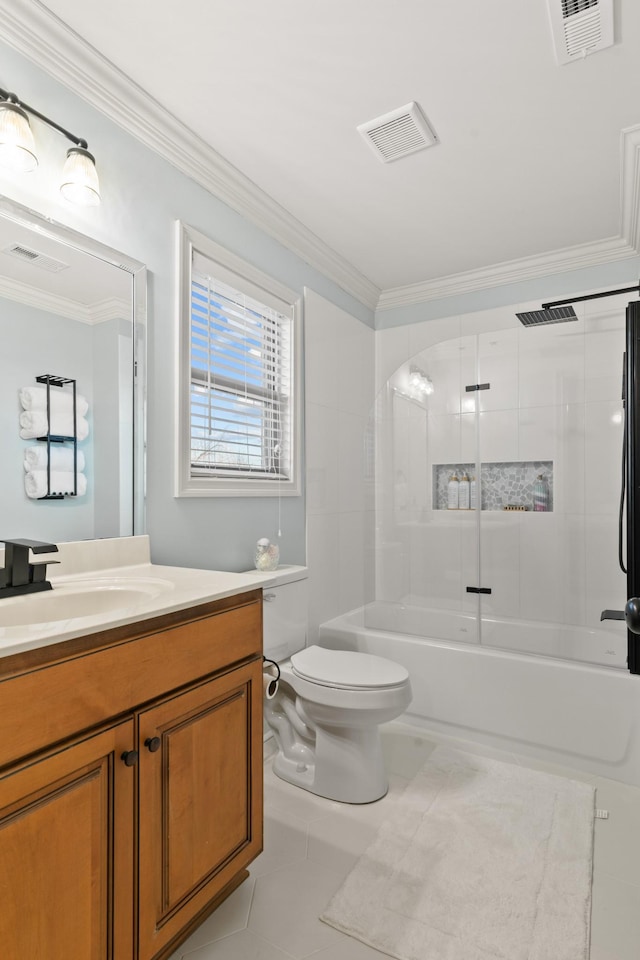 full bathroom featuring shower / tub combination, tile patterned floors, vanity, toilet, and crown molding