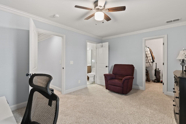 living area featuring ceiling fan and crown molding