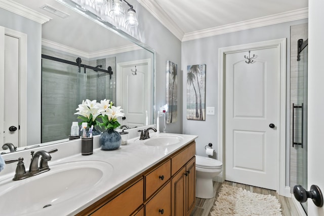 bathroom with toilet, wood-type flooring, walk in shower, ornamental molding, and vanity