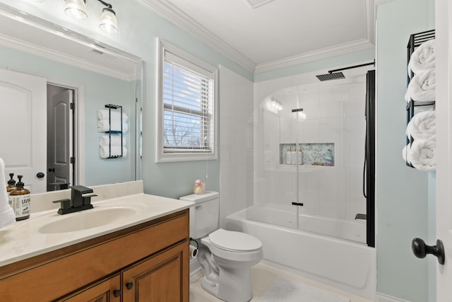 full bathroom with vanity, toilet, ornamental molding, and shower / washtub combination