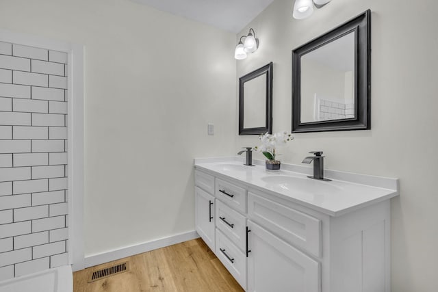 bathroom with hardwood / wood-style floors and vanity