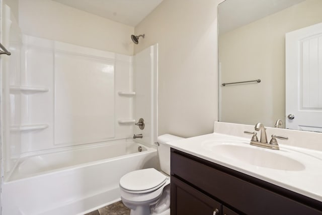 full bathroom featuring shower / tub combination, vanity, toilet, and tile patterned floors