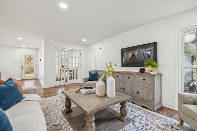 living room with french doors, light hardwood / wood-style flooring, and a healthy amount of sunlight