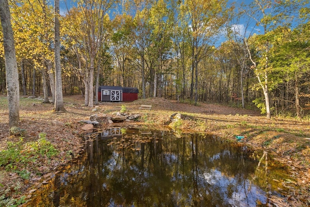 view of yard featuring a water view and a storage unit