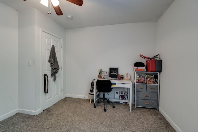 office area featuring ceiling fan and carpet floors