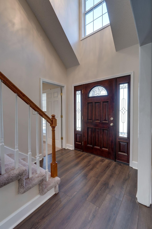 foyer entrance with dark hardwood / wood-style floors, high vaulted ceiling, and plenty of natural light