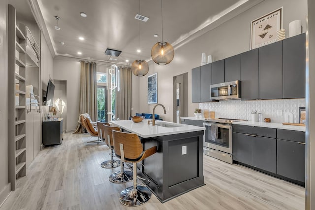 kitchen featuring pendant lighting, a center island with sink, sink, light hardwood / wood-style floors, and stainless steel appliances