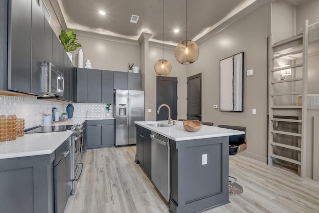 kitchen with pendant lighting, a kitchen island with sink, sink, light wood-type flooring, and appliances with stainless steel finishes