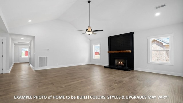 unfurnished living room with lofted ceiling, a fireplace, wood-type flooring, and ceiling fan