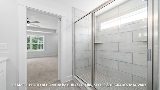 bathroom with walk in shower, ceiling fan, and vanity