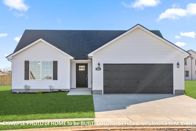 single story home featuring a garage and a front lawn