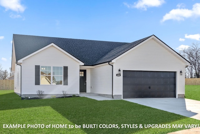 single story home featuring a front yard and a garage