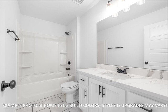 bathroom featuring visible vents, toilet, vanity,  shower combination, and tile patterned floors