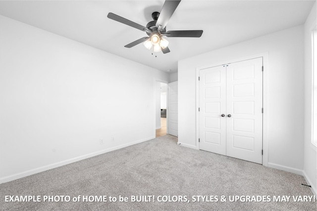 unfurnished bedroom featuring a ceiling fan, a closet, light colored carpet, and baseboards