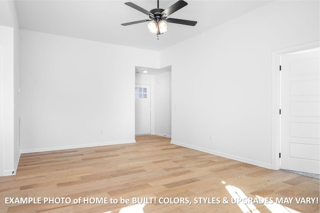 spare room with light wood-type flooring, ceiling fan, and baseboards