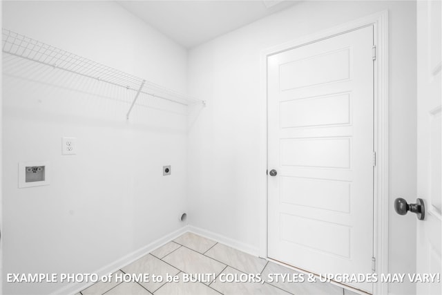 laundry room with laundry area, baseboards, hookup for a washing machine, hookup for an electric dryer, and light tile patterned flooring