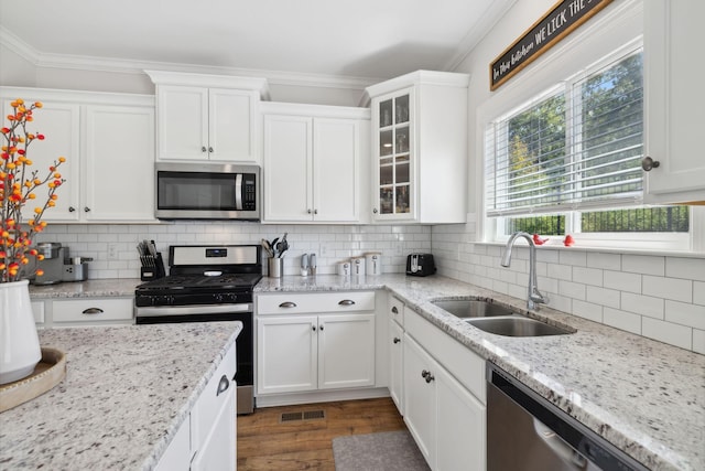 kitchen featuring dark hardwood / wood-style flooring, crown molding, sink, and stainless steel appliances