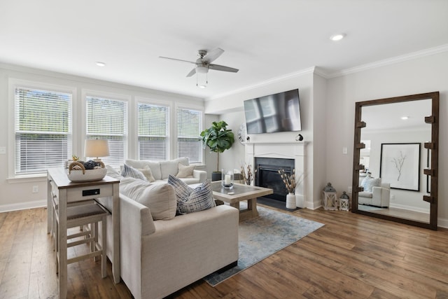 living room featuring ornamental molding, ceiling fan, and dark wood-type flooring