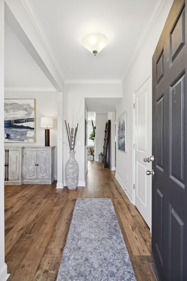 foyer featuring dark hardwood / wood-style flooring and ornamental molding