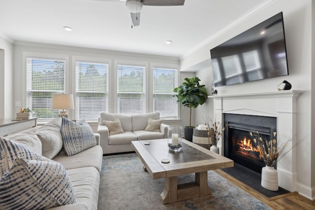 living room with hardwood / wood-style flooring, a healthy amount of sunlight, and ornamental molding