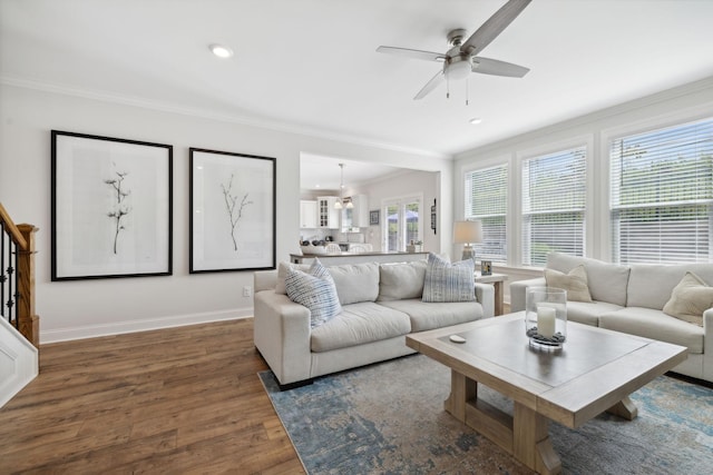 living room featuring crown molding, dark hardwood / wood-style flooring, ceiling fan, and a healthy amount of sunlight