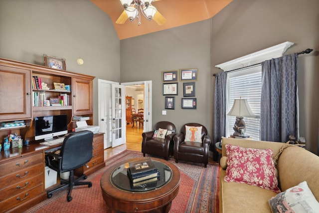 office area featuring ceiling fan, high vaulted ceiling, and french doors