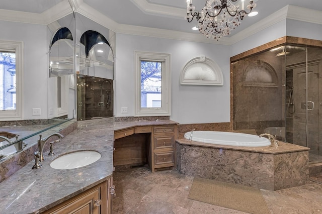 bathroom featuring plenty of natural light, separate shower and tub, crown molding, and vanity