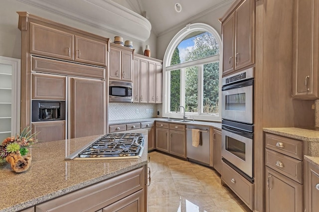 kitchen with crown molding, sink, vaulted ceiling, built in appliances, and light stone counters