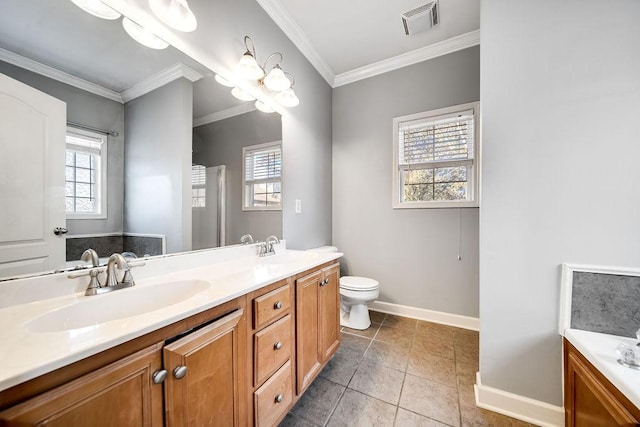 bathroom with vanity, ornamental molding, and a wealth of natural light