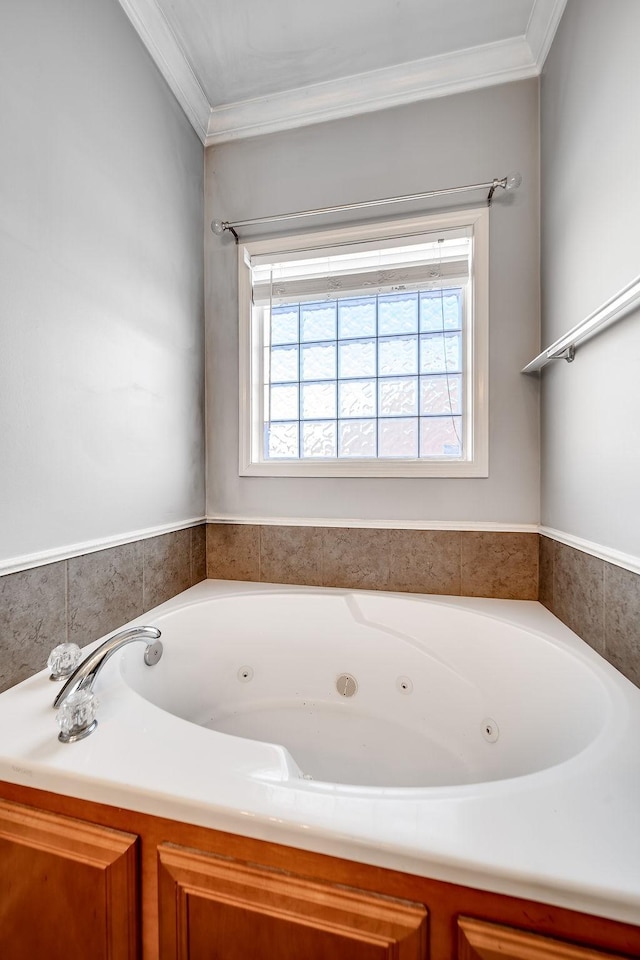 bathroom featuring a bathtub and ornamental molding