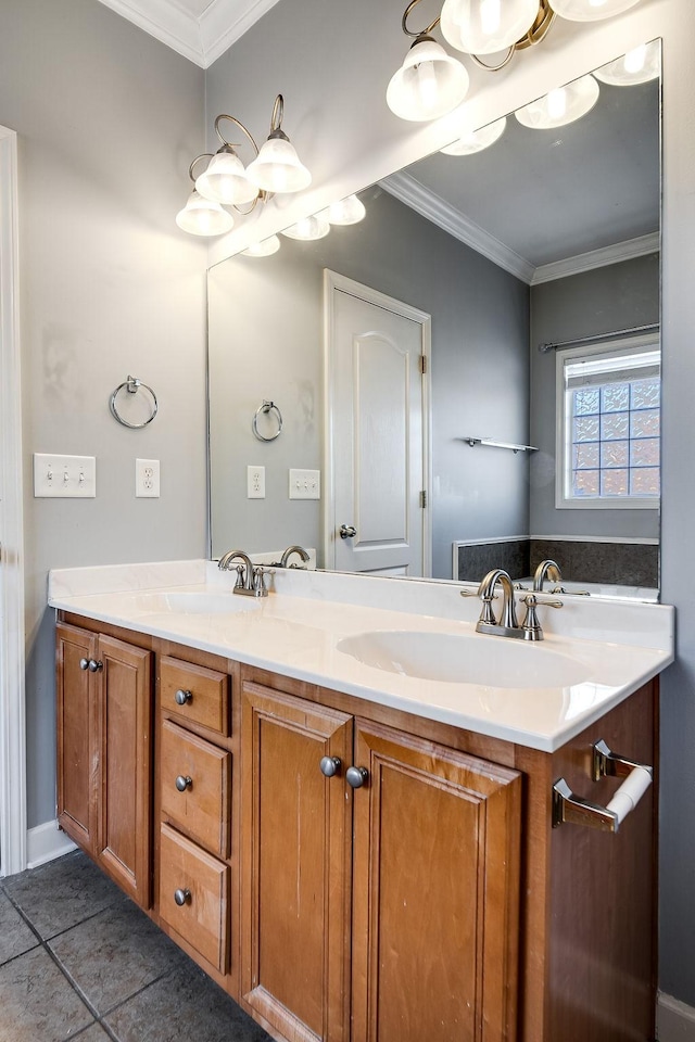 bathroom featuring crown molding, tile patterned flooring, and vanity