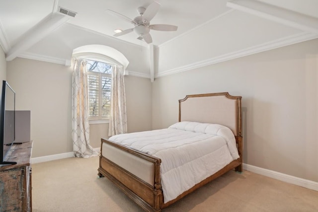 carpeted bedroom featuring ceiling fan and ornamental molding