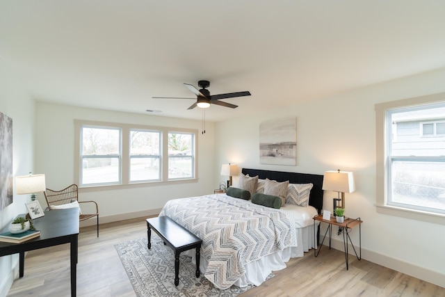 bedroom with ceiling fan and light hardwood / wood-style floors