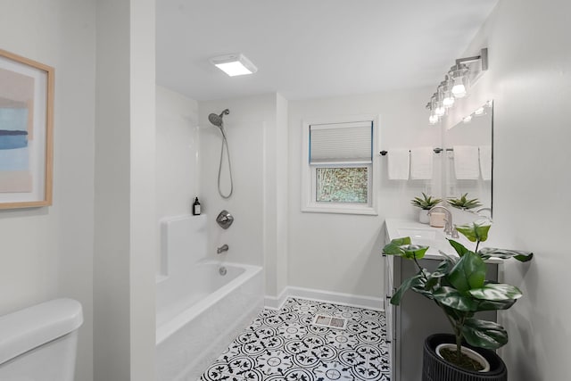 full bathroom featuring bathing tub / shower combination, tile patterned floors, vanity, and toilet