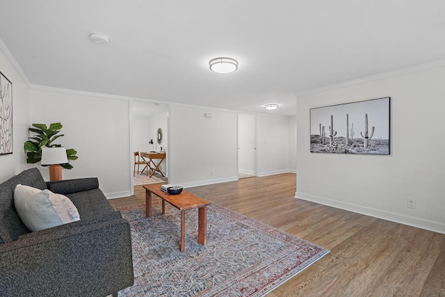 living room featuring wood-type flooring and ornamental molding