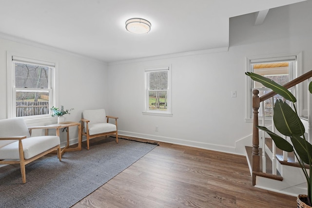 living area with hardwood / wood-style floors, plenty of natural light, and ornamental molding