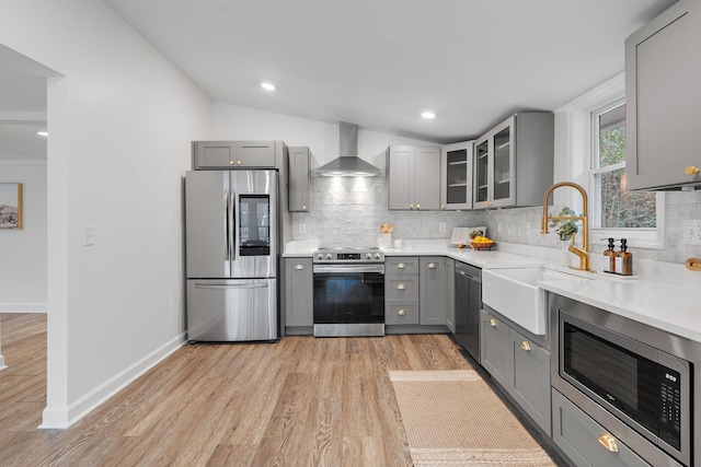 kitchen featuring gray cabinetry, sink, stainless steel appliances, wall chimney range hood, and light wood-type flooring