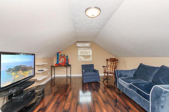 interior space featuring a wall mounted AC, dark hardwood / wood-style flooring, and vaulted ceiling