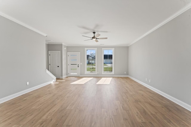 unfurnished living room featuring crown molding, ceiling fan, and light wood-type flooring