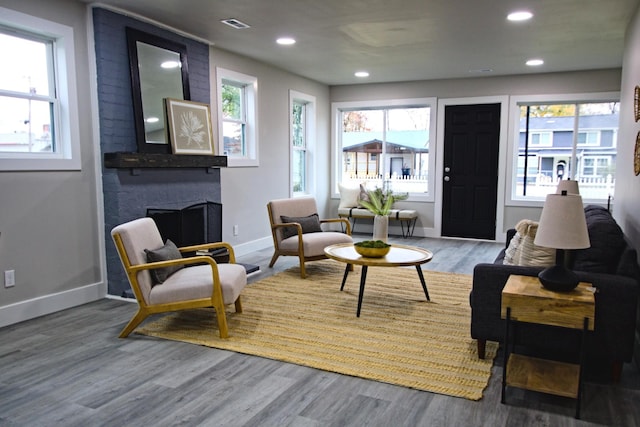 living area with wood-type flooring, a fireplace, and a wealth of natural light