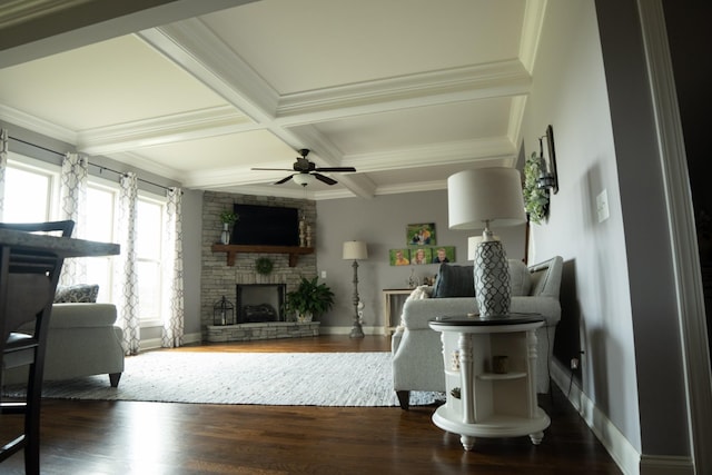 living room featuring dark hardwood / wood-style flooring, coffered ceiling, ceiling fan, beamed ceiling, and a fireplace