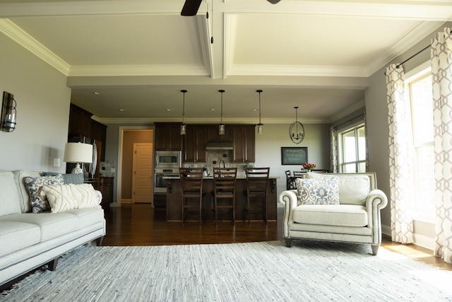 living room with hardwood / wood-style floors, ceiling fan, and ornamental molding