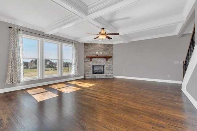 unfurnished living room with visible vents, baseboards, coffered ceiling, wood finished floors, and a fireplace