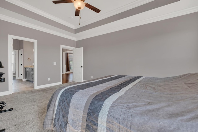 bedroom featuring light carpet, ceiling fan, baseboards, and crown molding