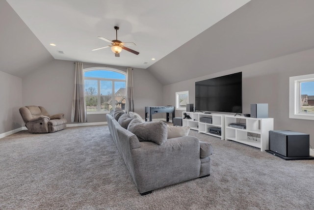 living room featuring lofted ceiling, carpet, baseboards, and recessed lighting