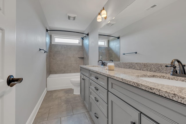 full bath with shower / bathtub combination, toilet, a sink, visible vents, and double vanity