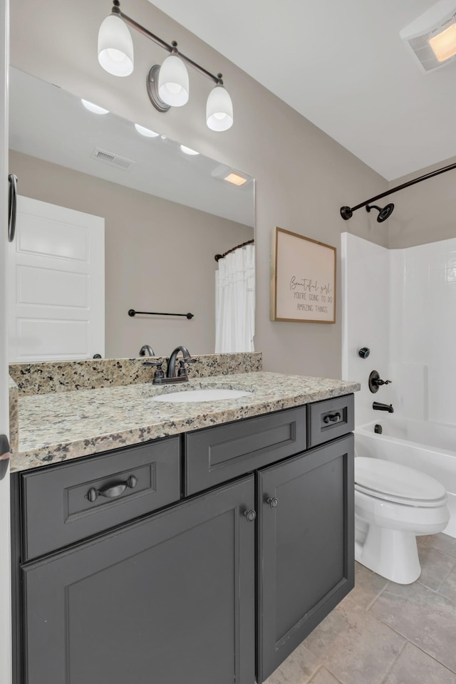 full bath featuring shower / bathtub combination with curtain, visible vents, vanity, and toilet