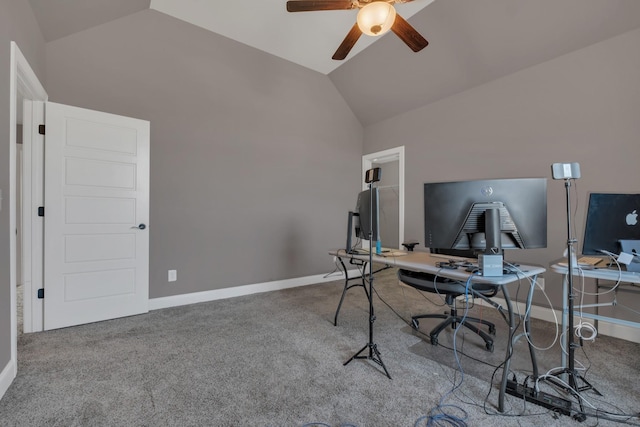 office featuring lofted ceiling, baseboards, carpet floors, and a ceiling fan